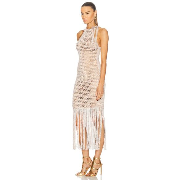 Blumarine Long Fringe Dress in Chalk & Bear Brown - Picture 2 of 3